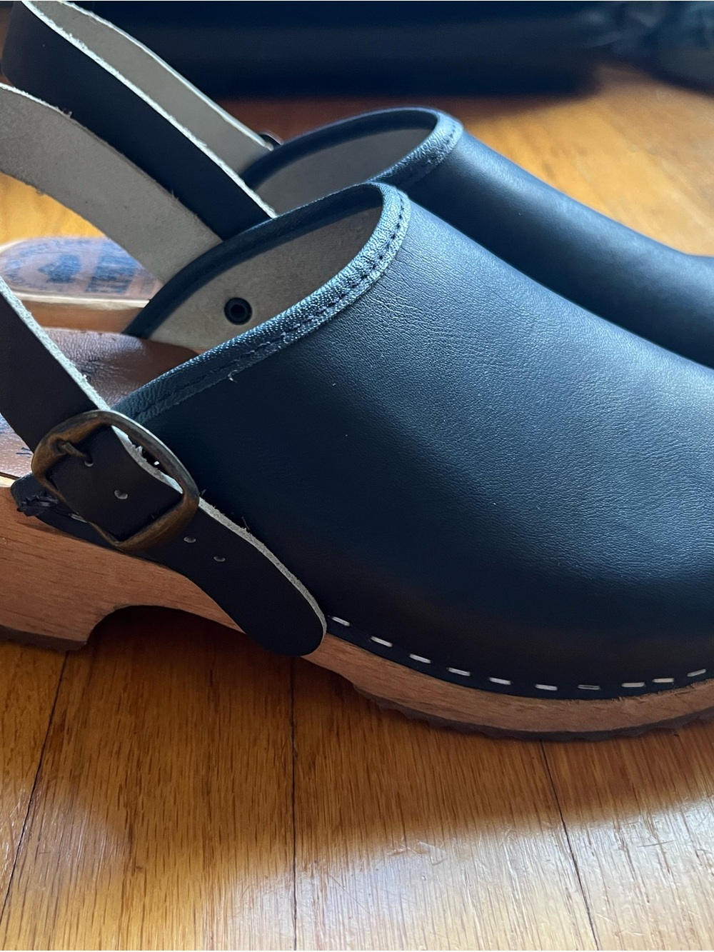 A.P.C. Madras navy Leather Clog Mules with Wood Heel